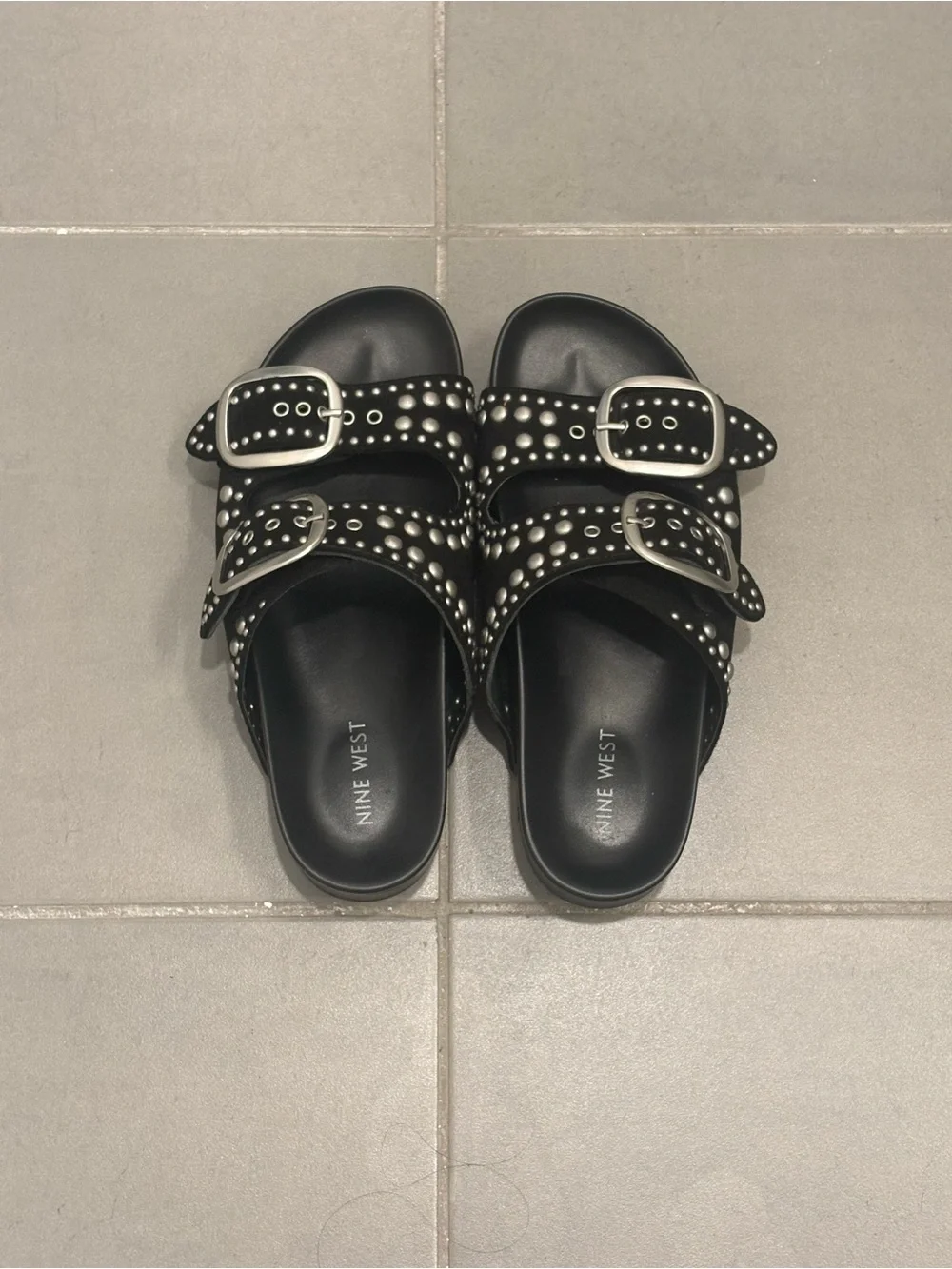 Nine West Black Studded Double-Buckle Slide Sandals